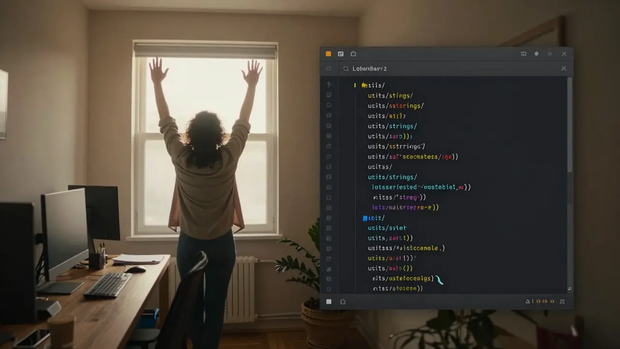Developer stepping away from their desk with organized code library visible on screen.