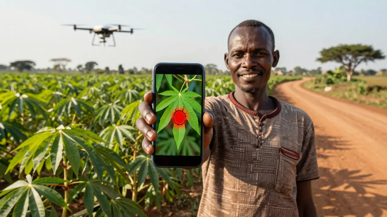 Farmer in Kenya viewing AI crop disease diagnosis on her smartphone screen.