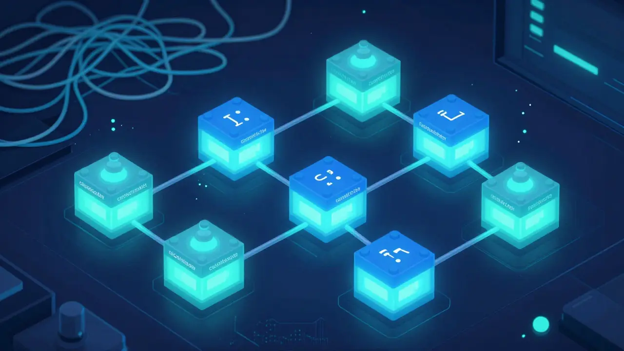 Glowing modular functions connected neatly on a digital workbench, with messy code discarded in the background.