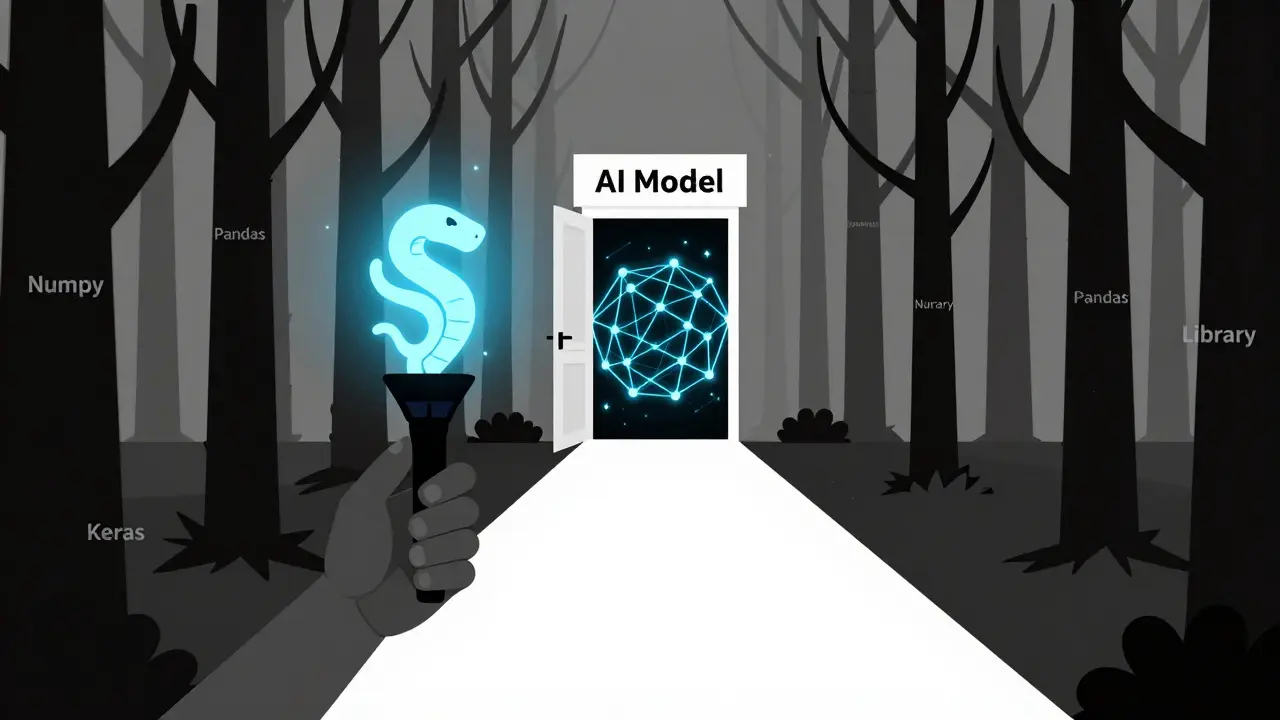 Hand holding Python logo torch lighting a path to an AI model door