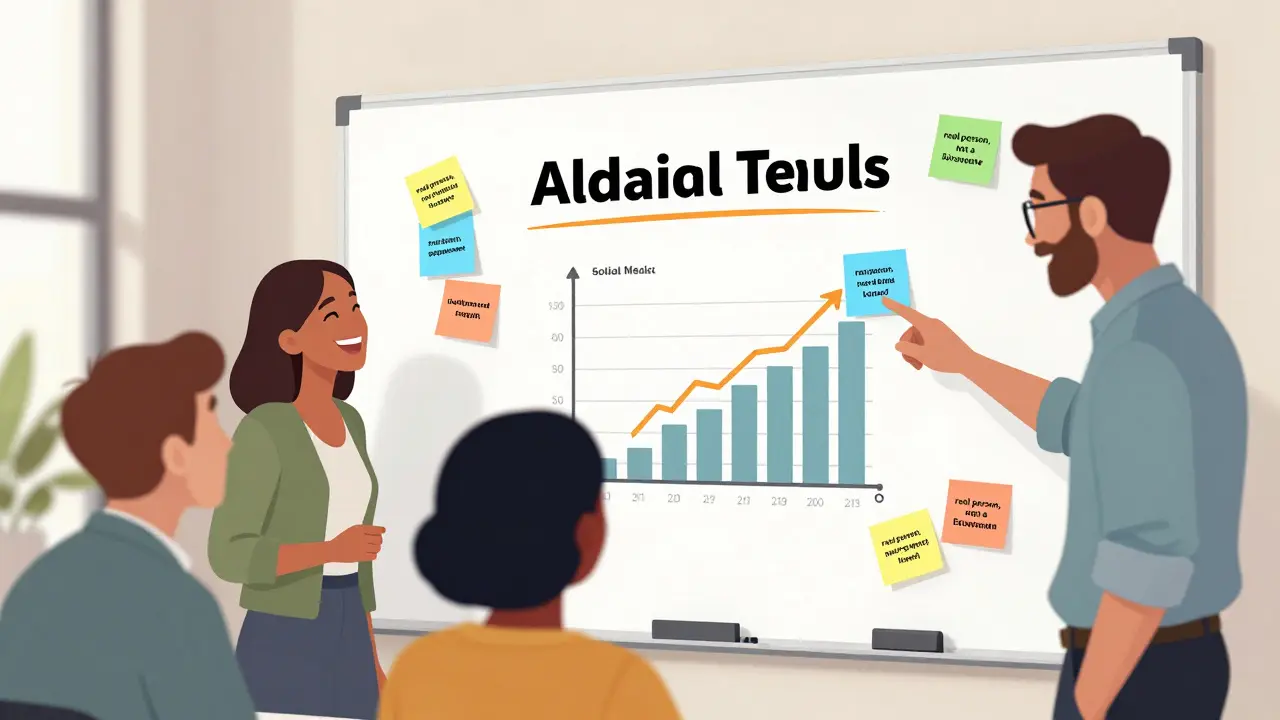 Marketing team editing an AI-drafted social post with engagement metrics on a whiteboard.