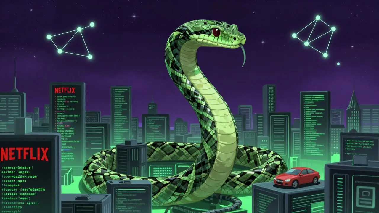 Python snake made of code blocks winding through a futuristic AI cityscape