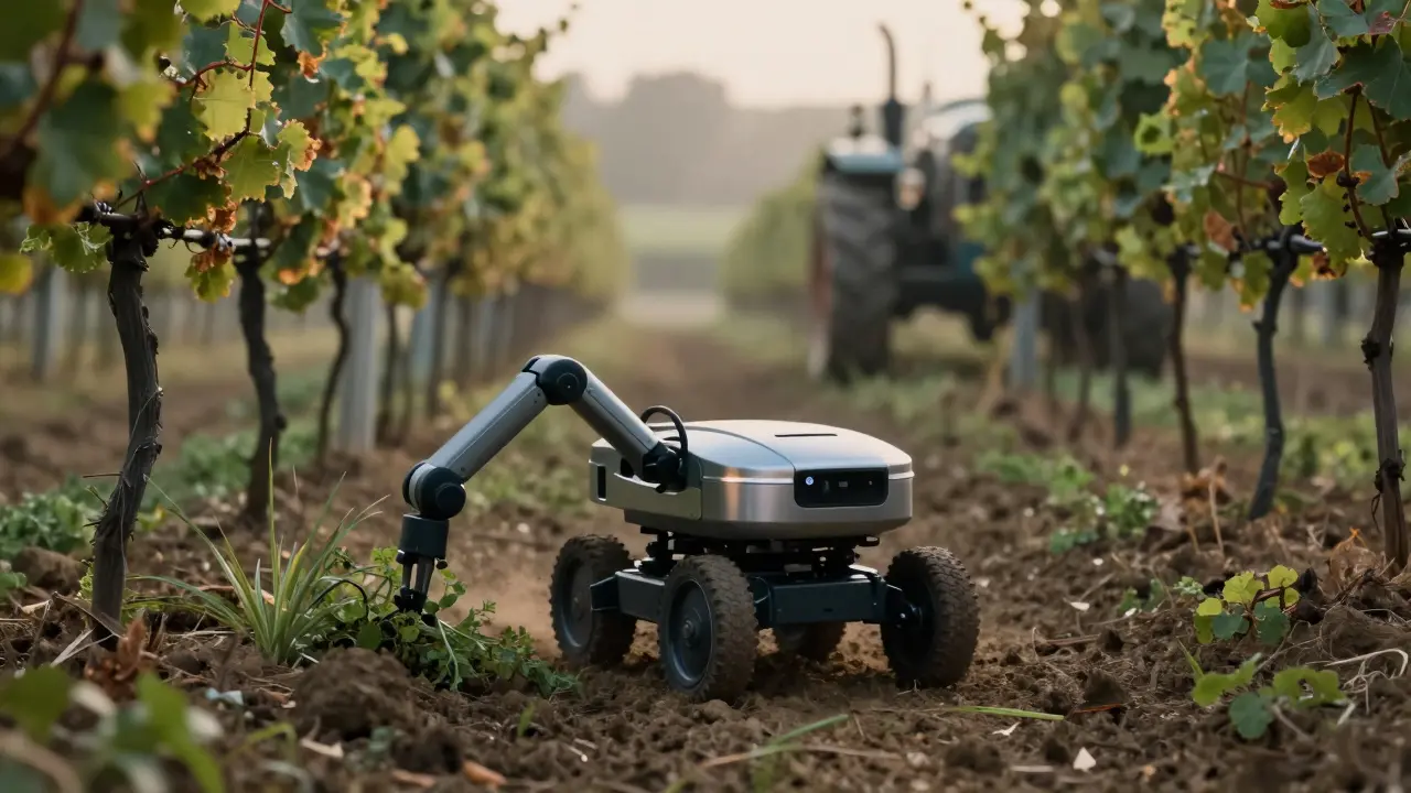 Robotic weeder moving precisely between grapevines in a quiet vineyard at dawn.