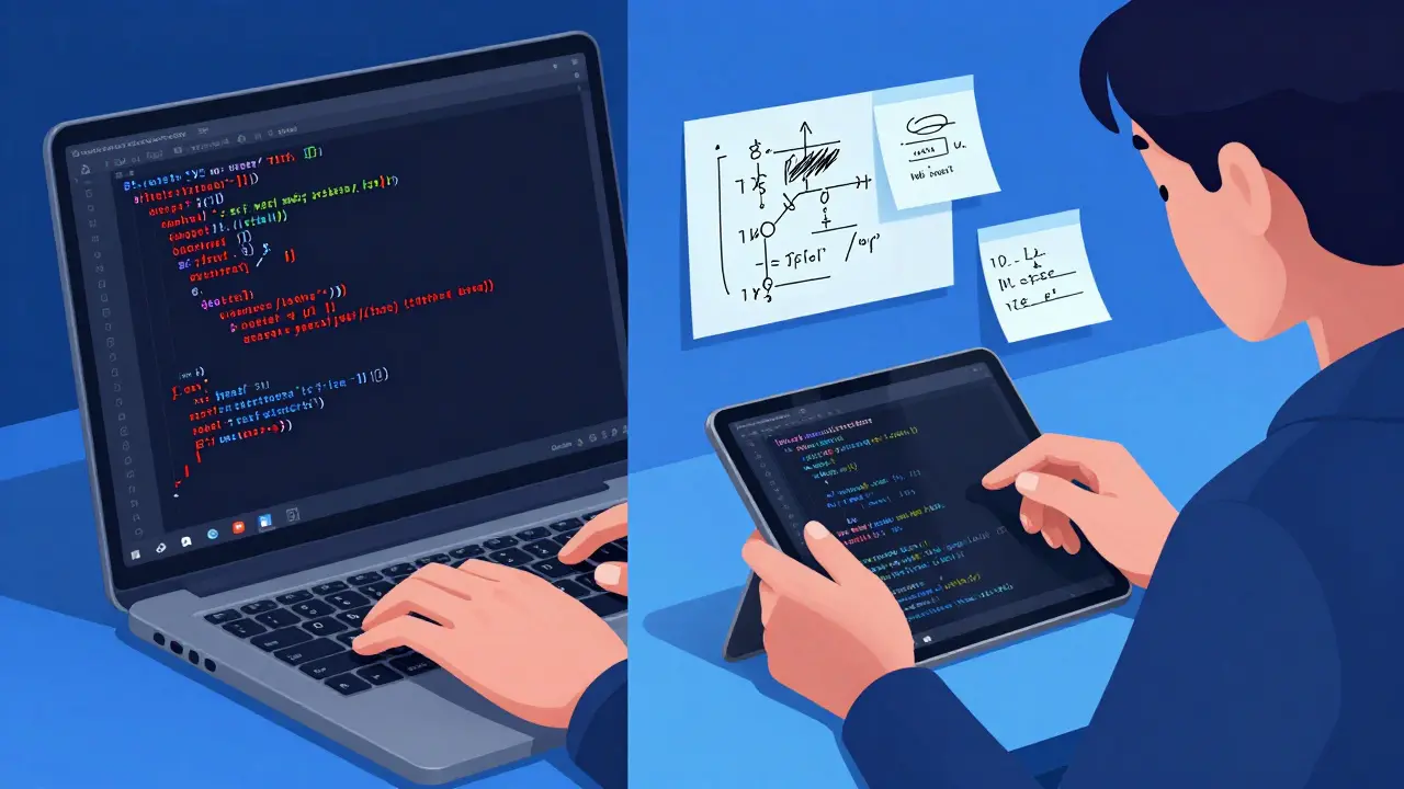 Split view of coding on screen and reading GitHub code, with sticky notes nearby.