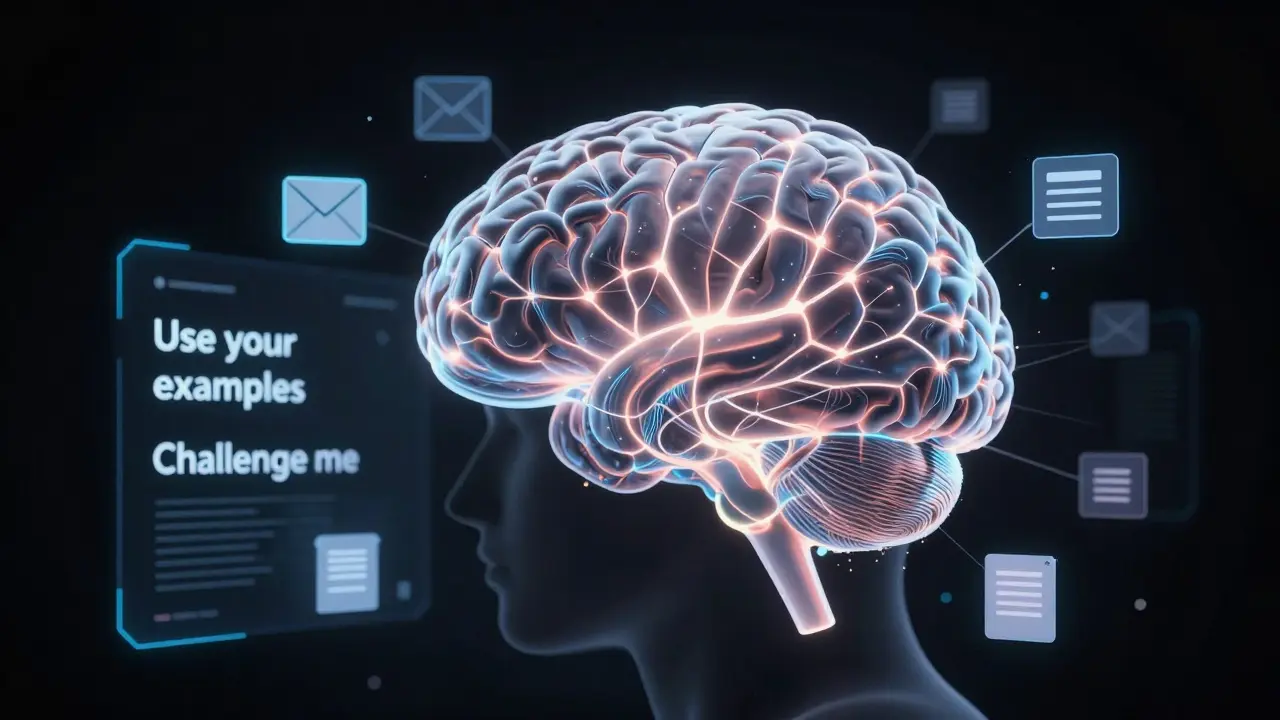 Transparent brain with floating icons and AI interface showing collaboration between human and artificial intelligence.