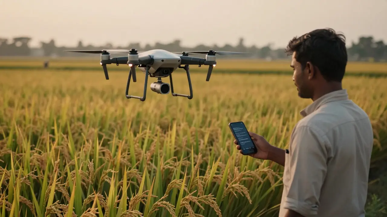 A drone flying over a rice field as a farmer checks an alert on a mobile phone.
