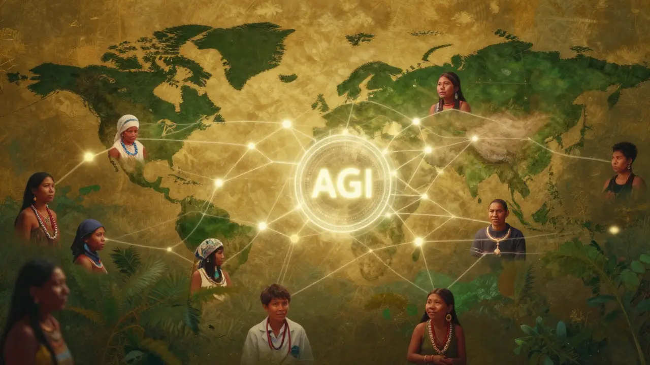 A global network of patients connected by glowing pathways to an AI system, symbolizing equitable healthcare.