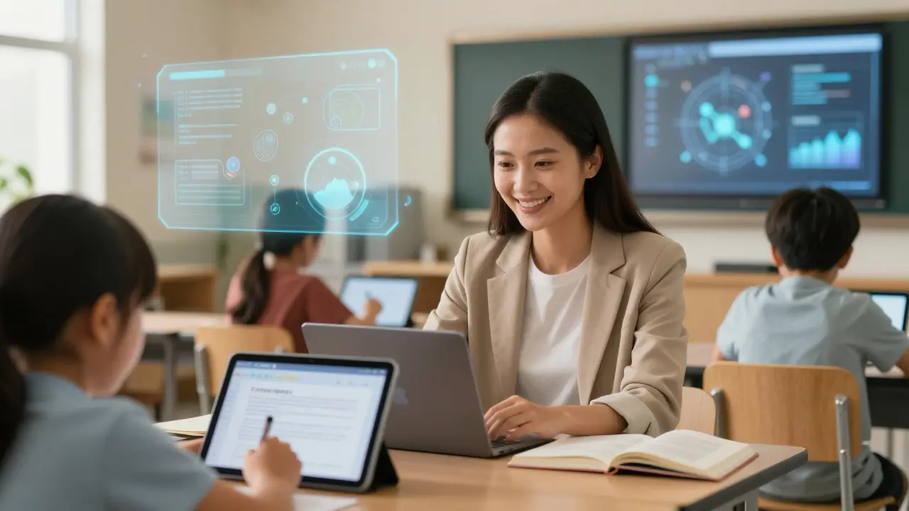 A teacher in a classroom guiding students using personalized AI-generated reading lessons.