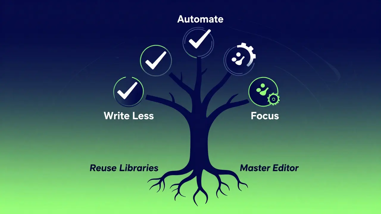 Abstract tree with labeled branches representing coding efficiency practices, set in a modern digital art style.