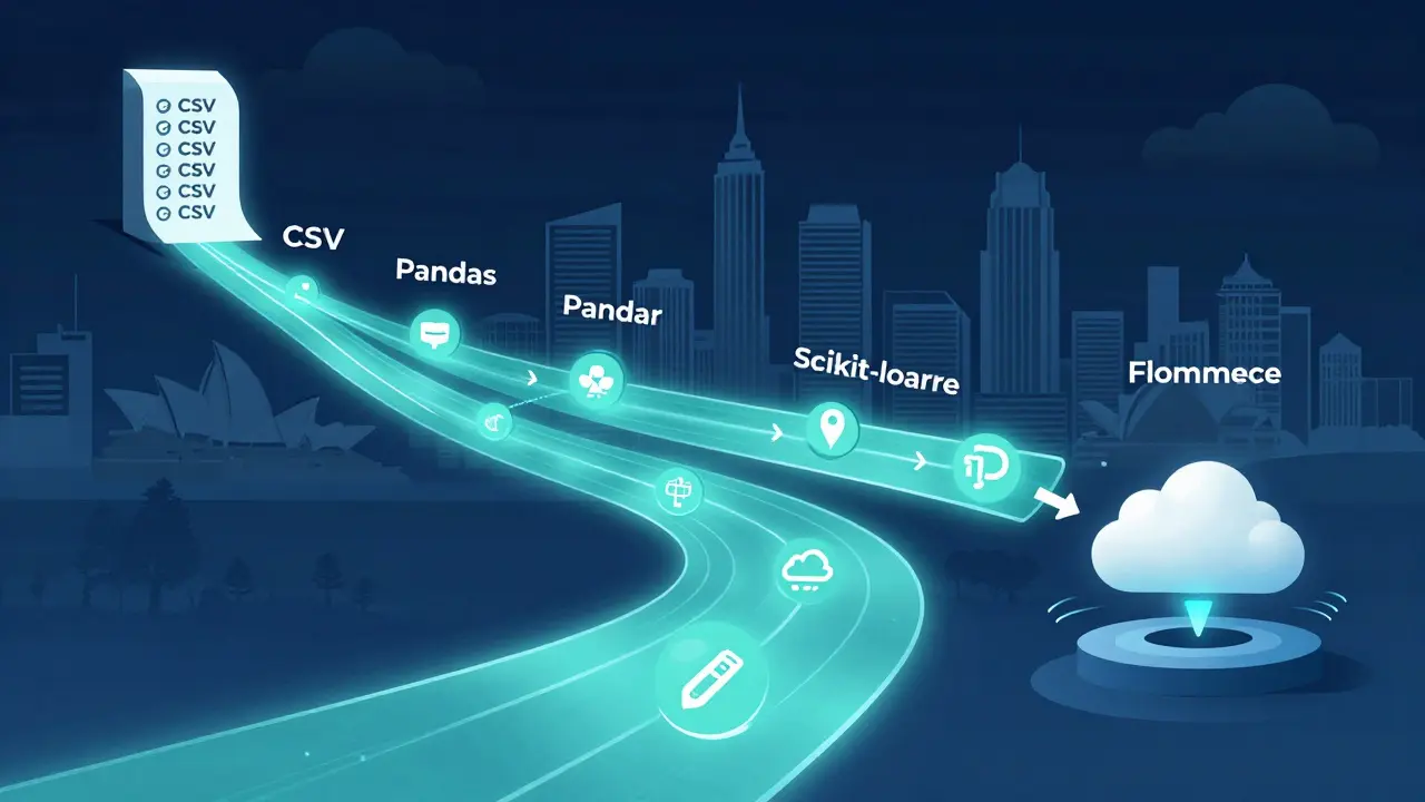 AI workflow pipeline flowing through major cities, representing real-world applications of Python in AI.
