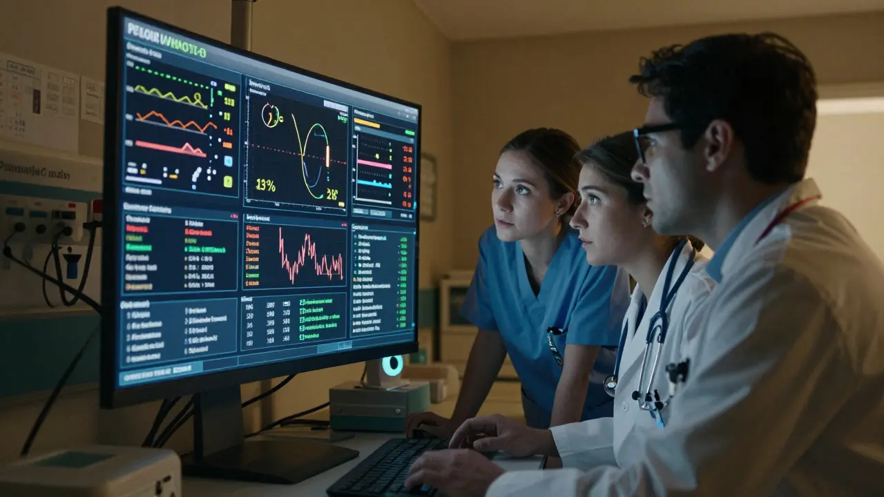 An emergency room with real-time medical data streams guiding clinicians through a complex diagnosis.