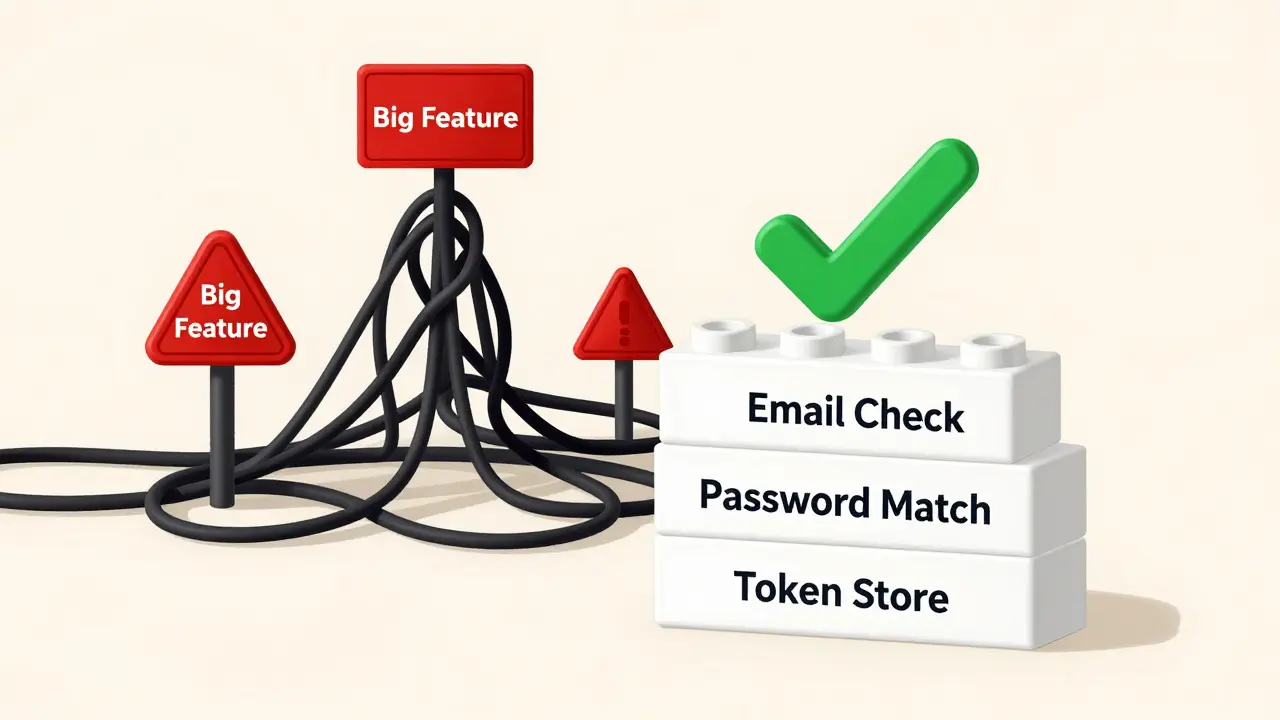 Coder building a system with labeled LEGO-like blocks representing simple, testable steps