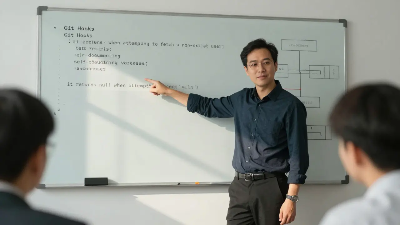 Developer explaining well-structured tests during a team code review.