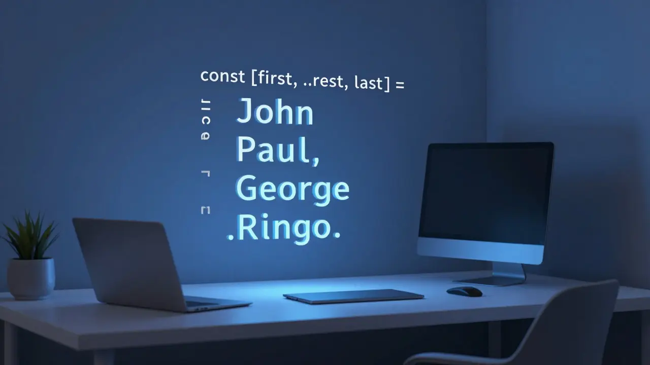 JavaScript destructuring assignment visualized with floating variable values.