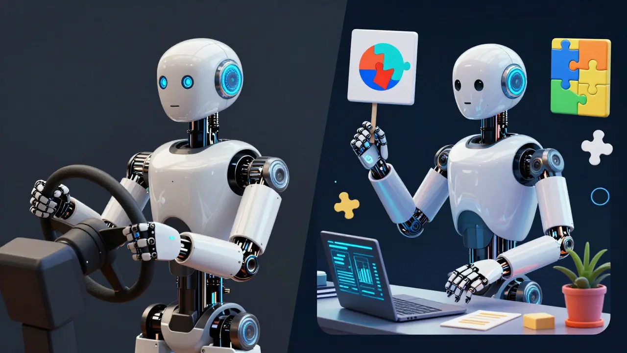 Split image of narrow AI driving vs AGI handling multiple tasks