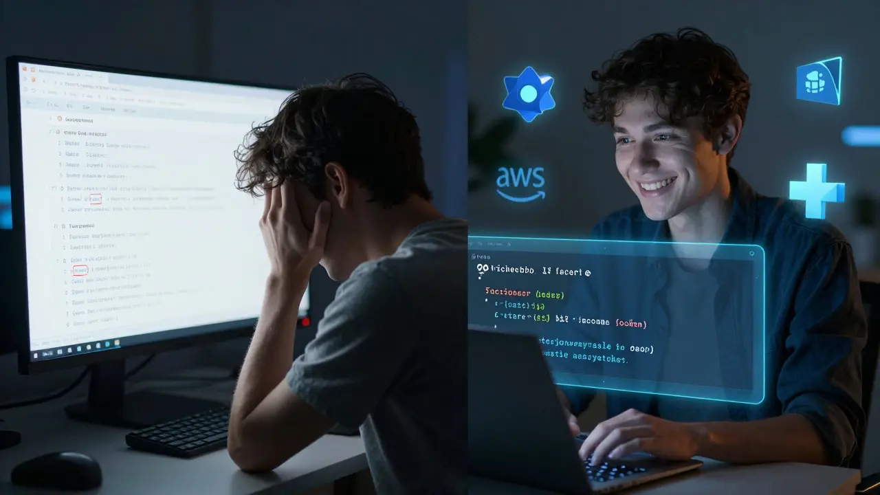 A developer solving a bug with AI guidance, showing before-and-after contrast of frustration and resolution.