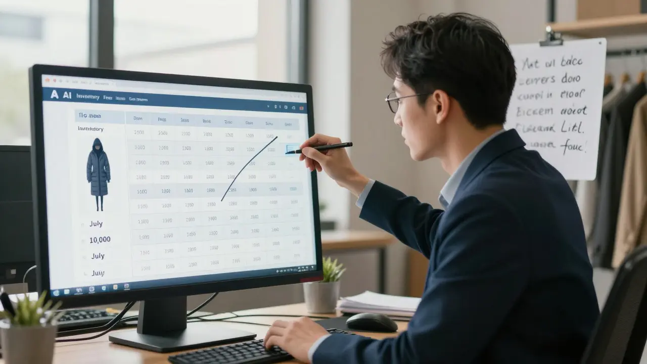 A retail manager comparing an AI inventory forecast with handwritten notes about local weather and events.