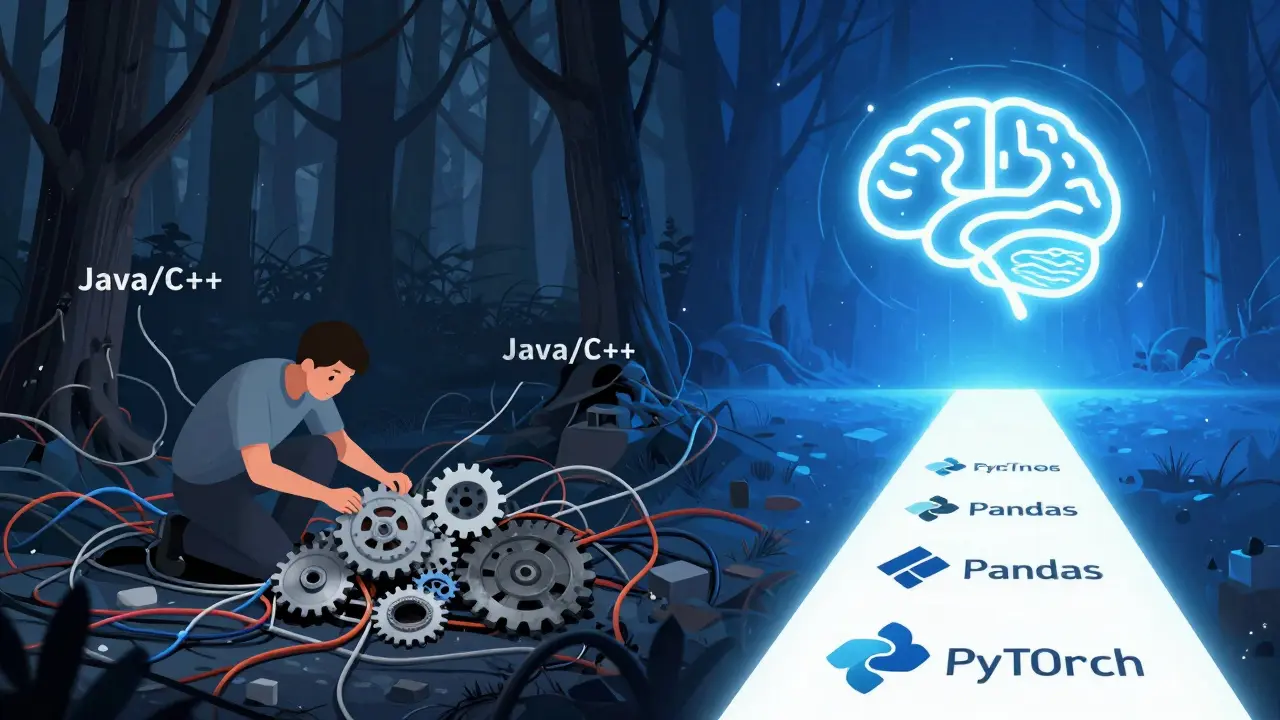 A symbolic comparison between complex legacy code and streamlined Python AI libraries leading to an AI brain.