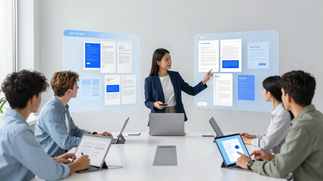 A team using AI tools to analyze documents and summarize research in a modern office environment.