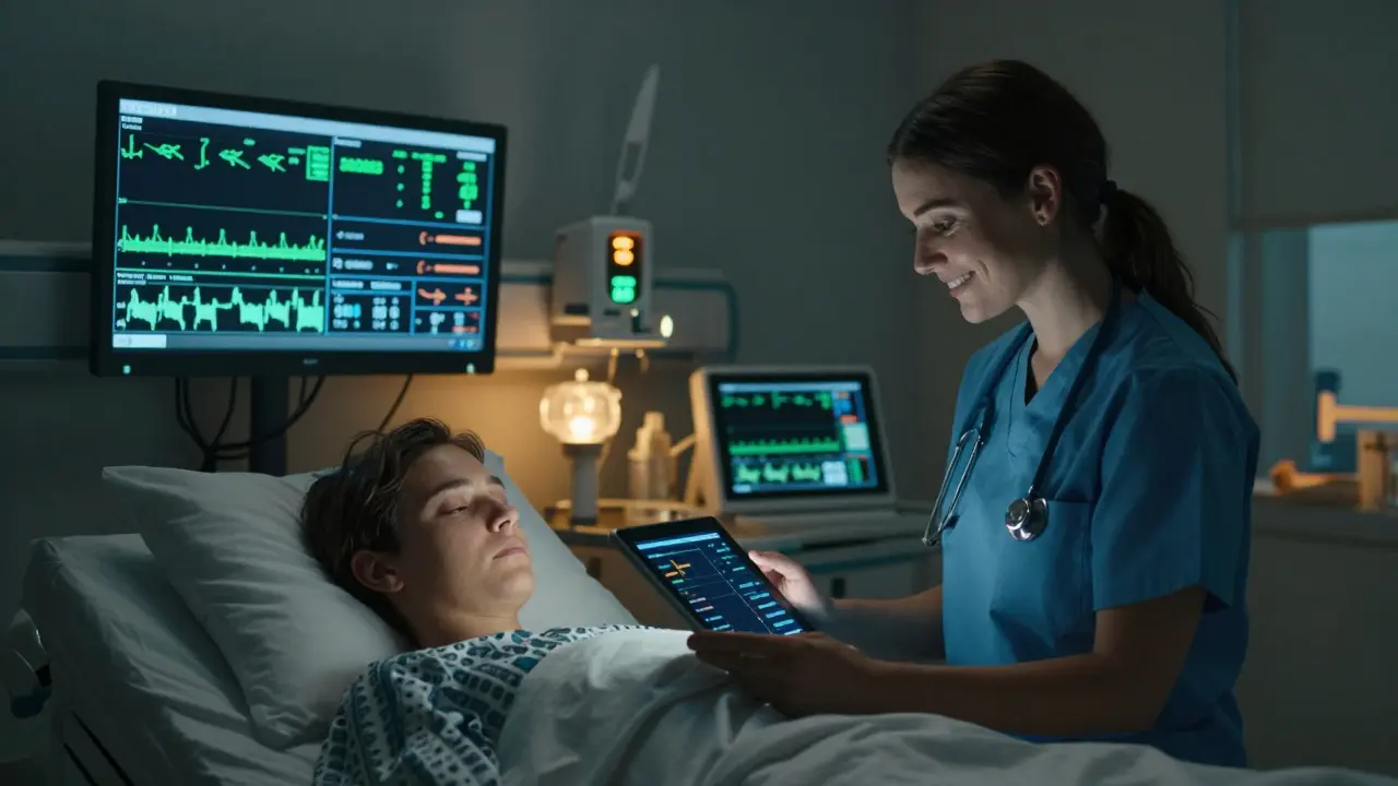 An ICU at night with AI monitoring vital signs and predicting patient risks.