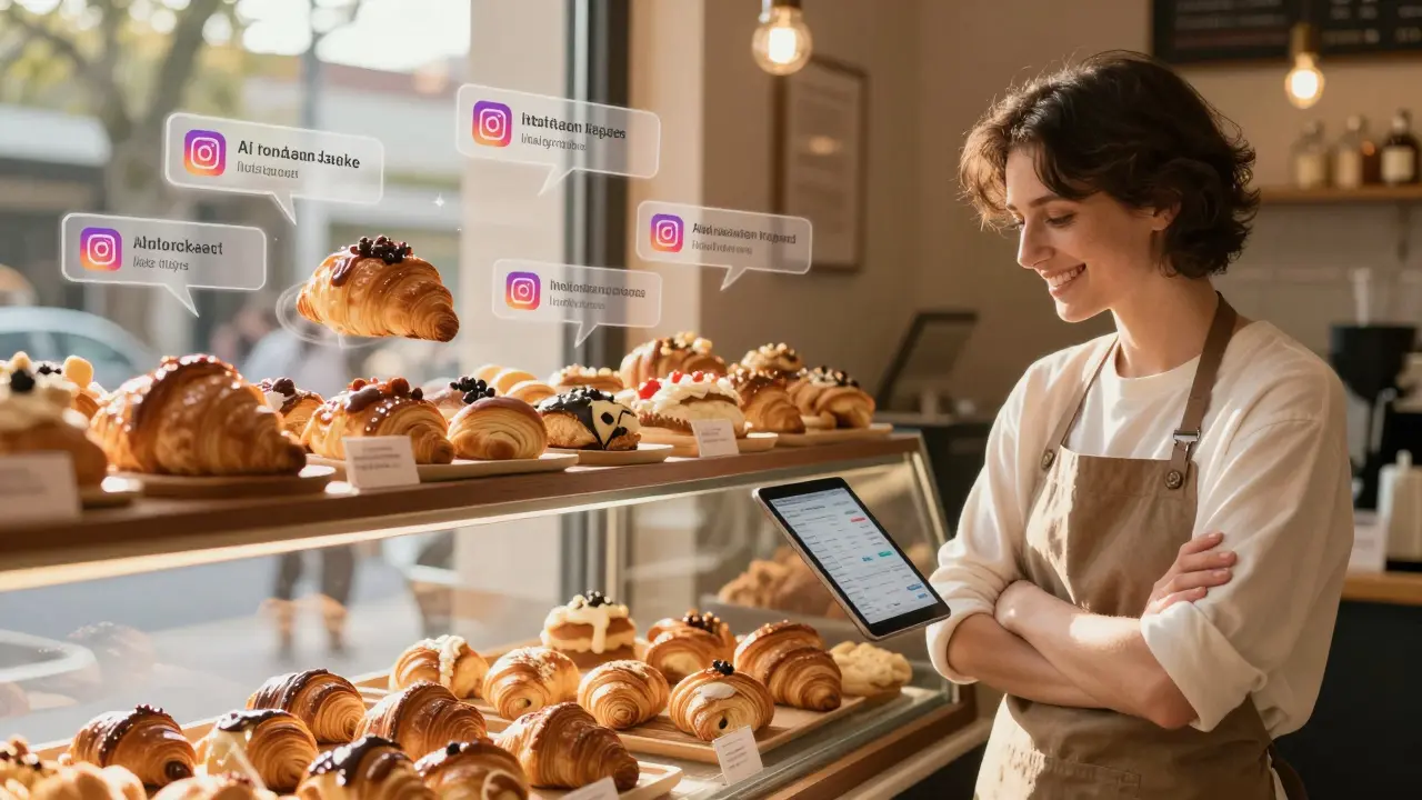 Bakery pastries with AI-generated social media captions floating nearby as owner observes analytics.