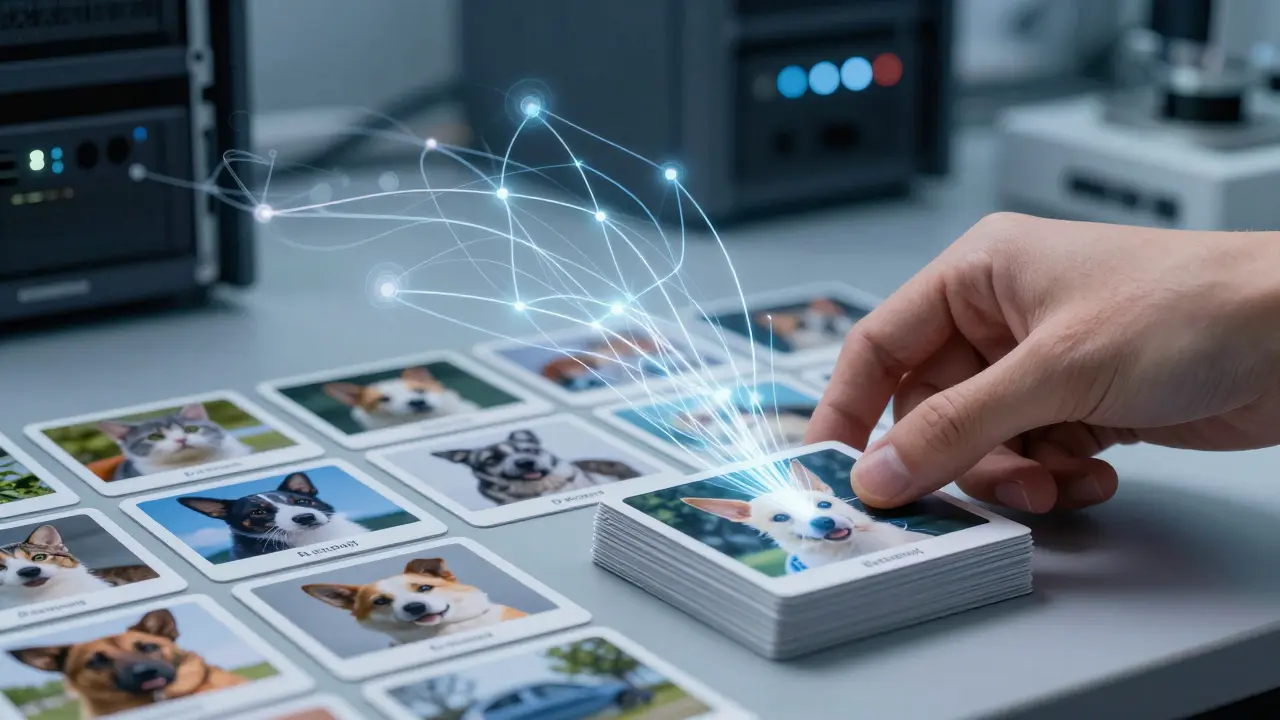 Data patterns emerging from labeled photos as a neural network analyzes cat features.