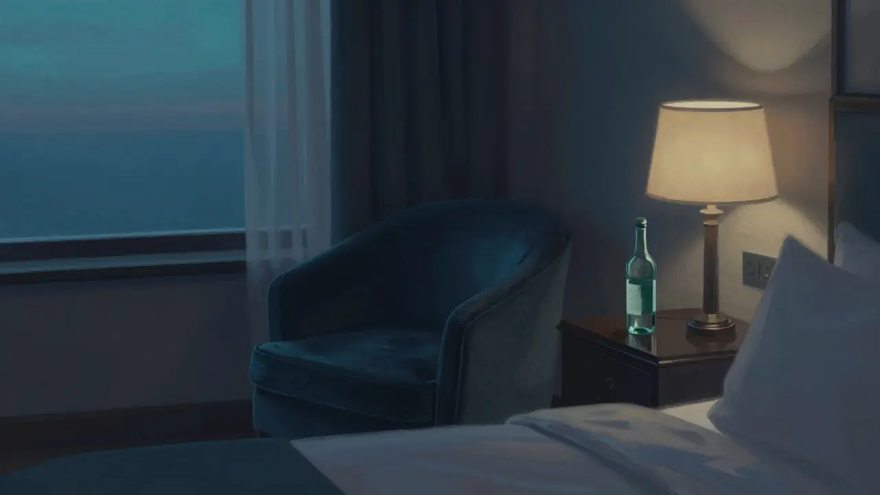 Luxury bedroom interior with dimmed smart lighting and a water bottle on the table.