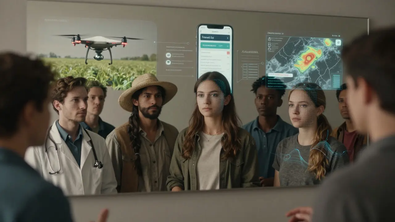 People reflected with digital data streams, symbolizing AI reflecting human choices.