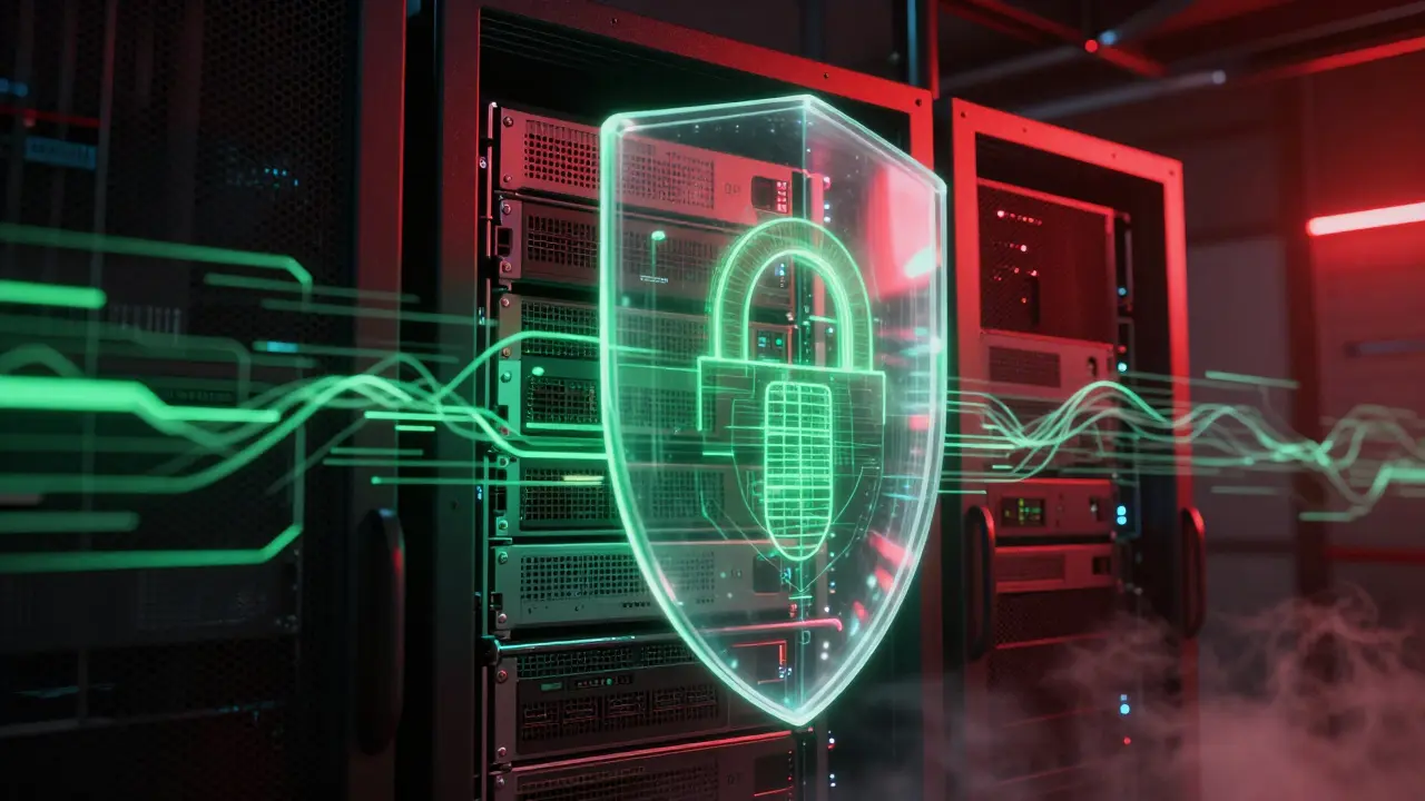 Server shield protecting data with neon lights.