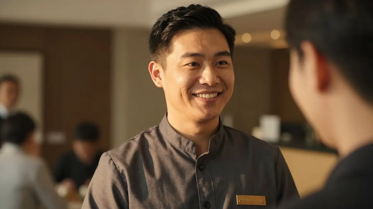 Smiling hotel staff member offering a warm greeting to a visitor.