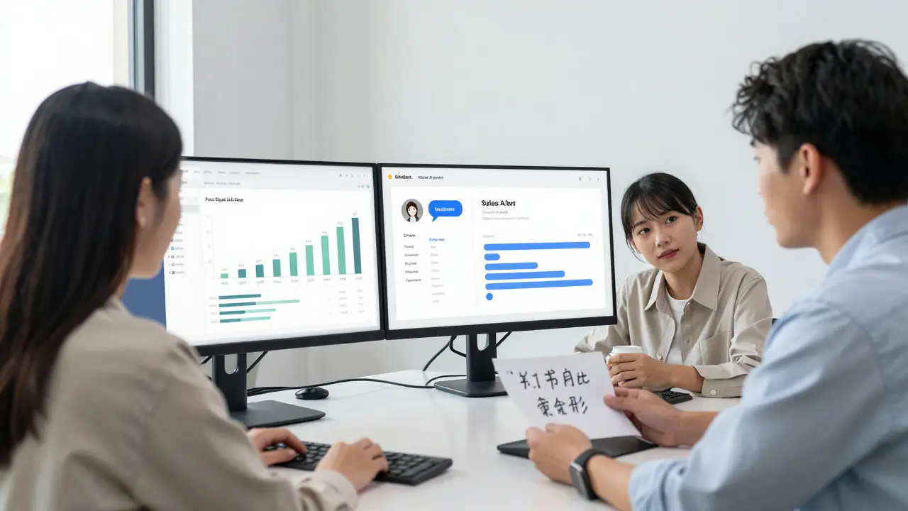 Team working together in an office, blending AI insights with human customer care.