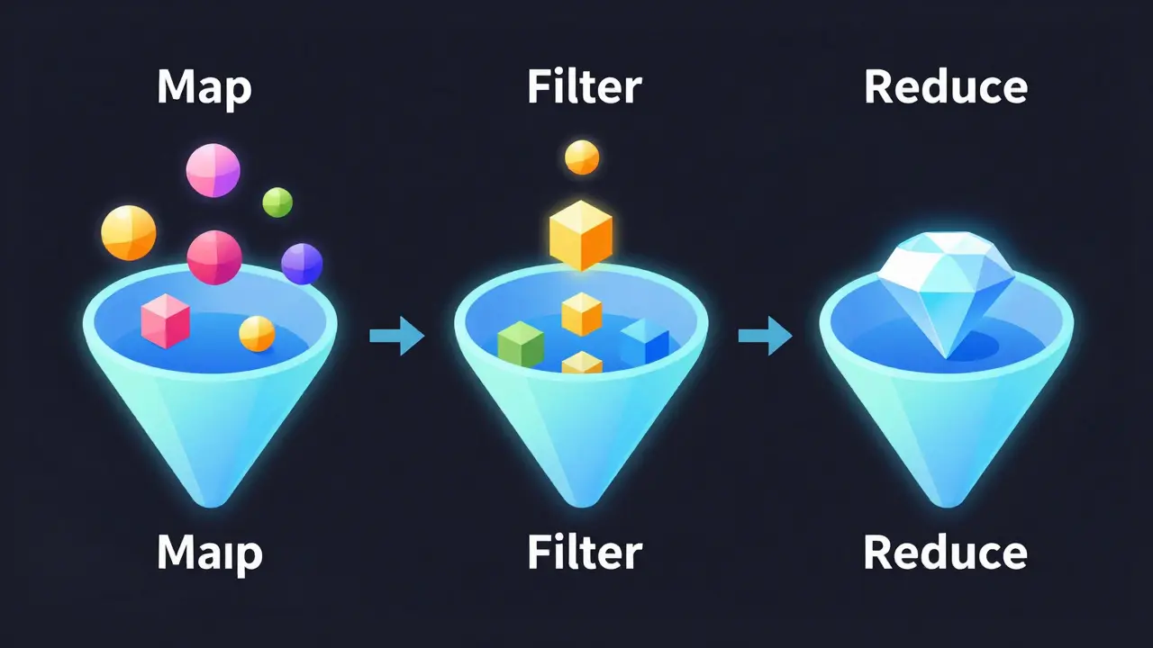 Abstract illustration of Map, Filter, and Reduce functions as glowing data funnels.