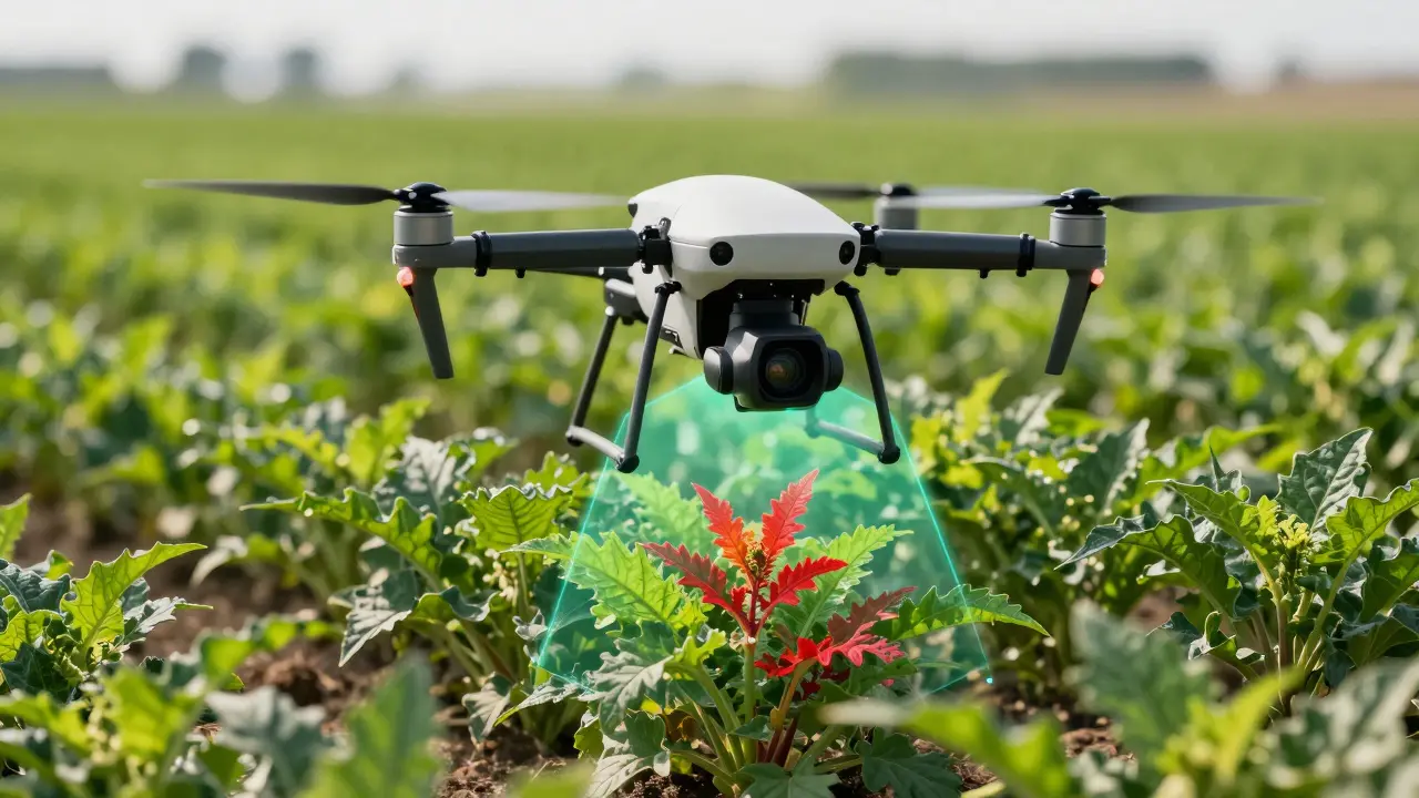 Agricultural drone using a holographic overlay to identify weeds in a green crop field.