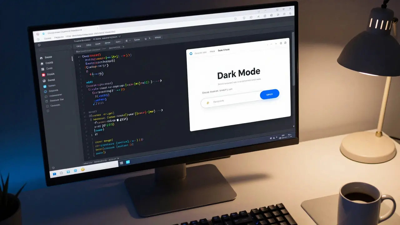 Developer's workspace showing JavaScript code and a website's dark mode toggle in action