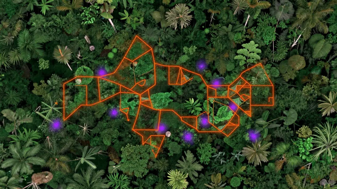 Satellite view of a rainforest with digital AI highlights tracking deforestation and methane leaks.