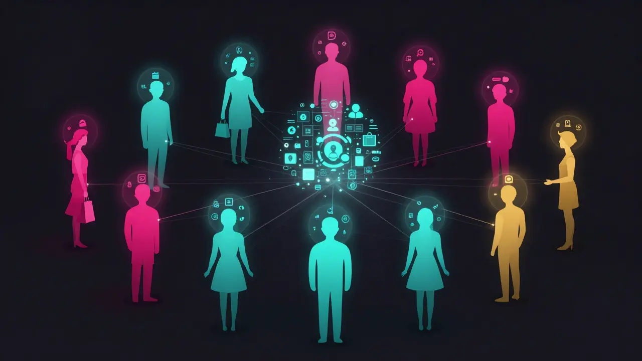 Abstract clusters of user silhouettes with personalized data halos