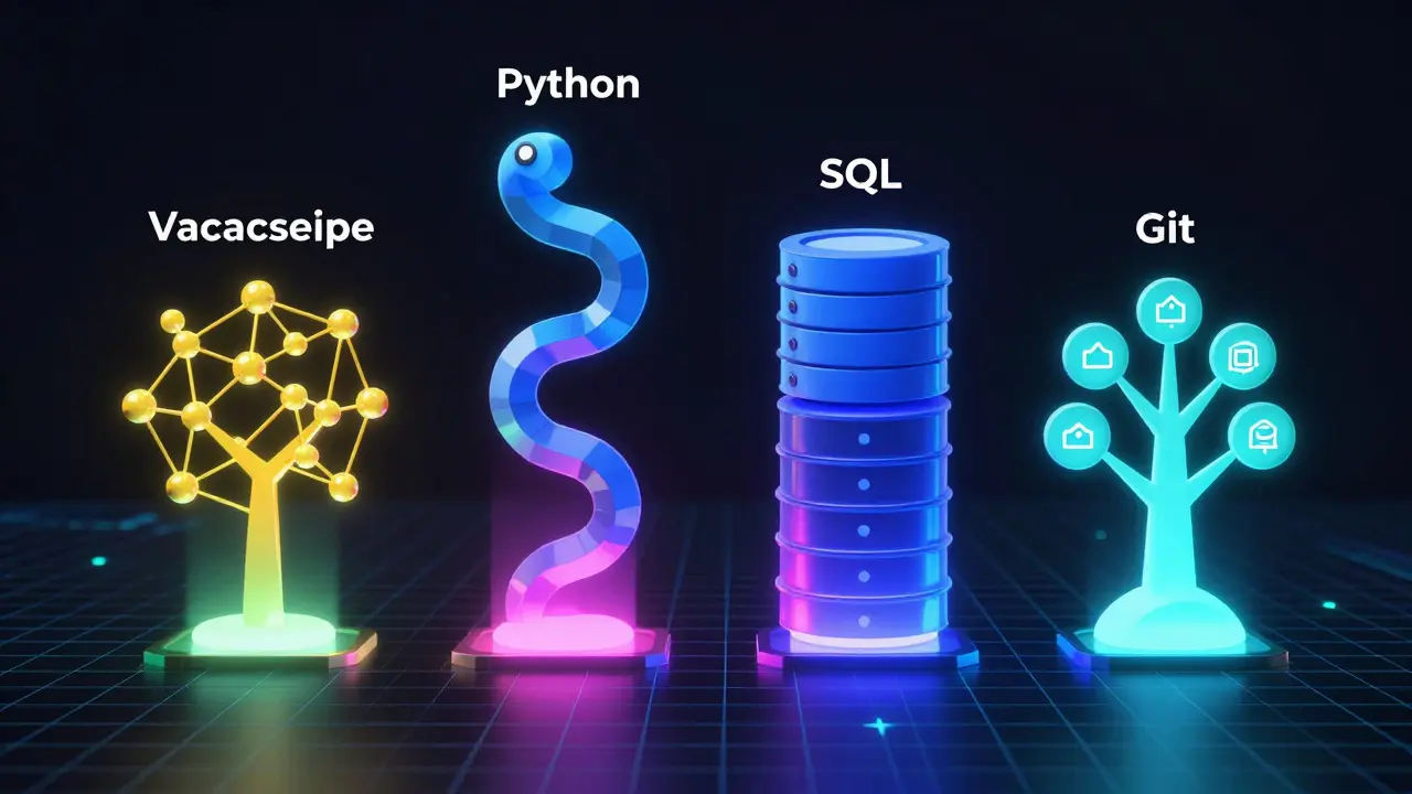 Abstract pillars representing JS, Python, SQL, Git