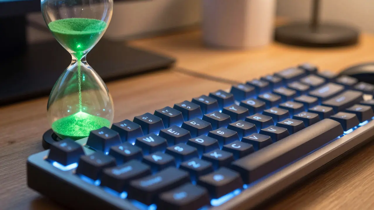 Close-up of a keyboard and an hourglass symbolizing efficient memory usage in coding.
