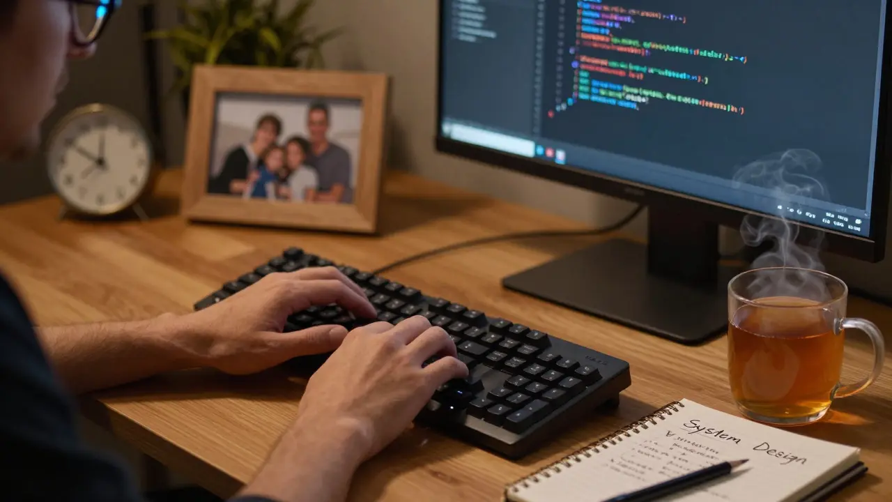 Close up of hands coding on a laptop in a warm, focused home office setting