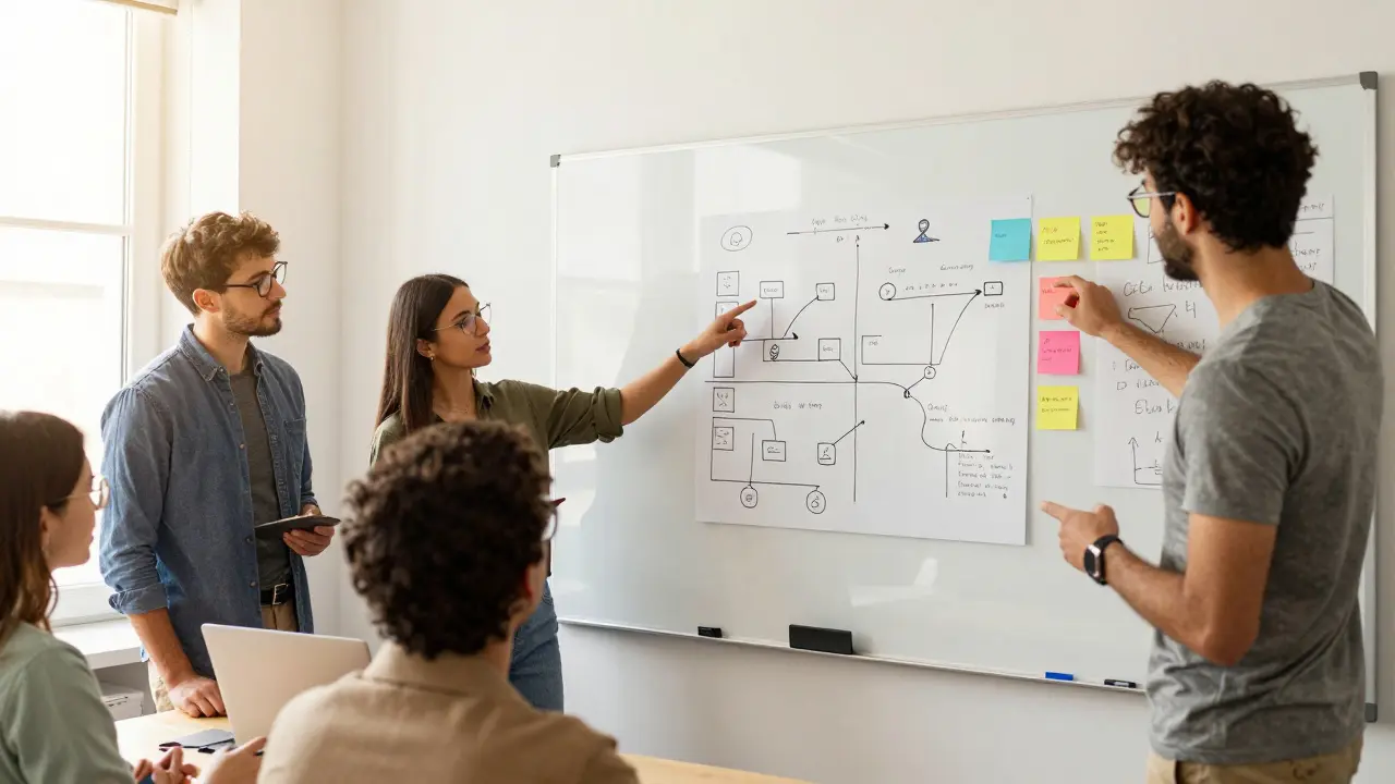 Developers and designers collaborating in a bright office to improve user experience.