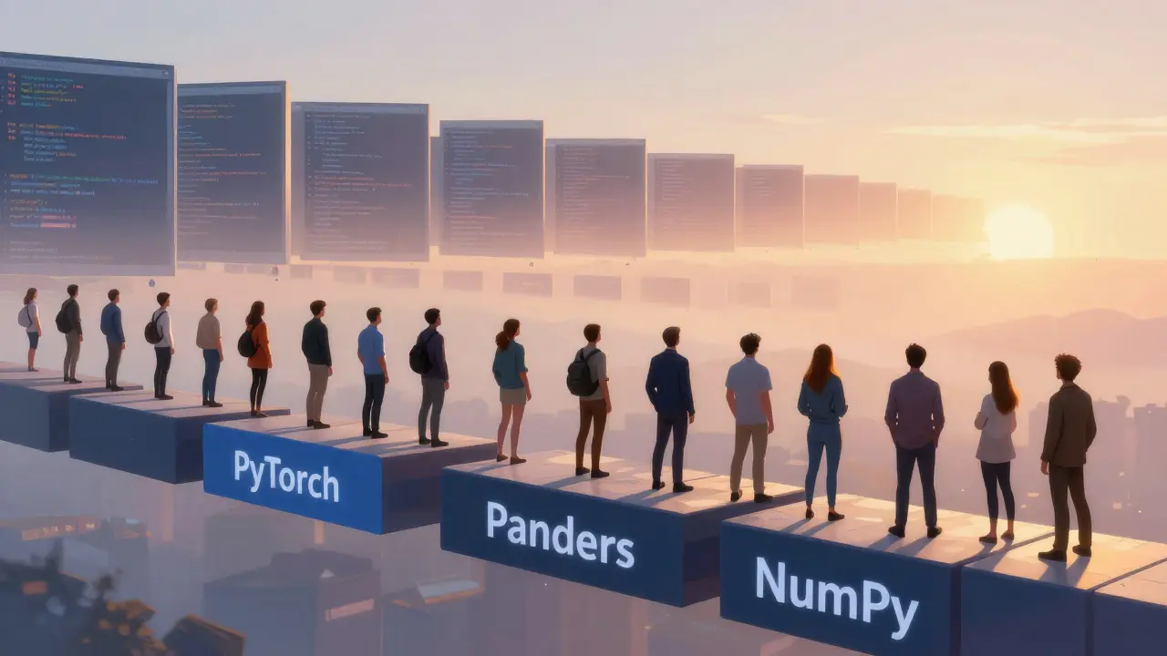 Developers on a bridge of AI libraries overlooking a horizon of innovation