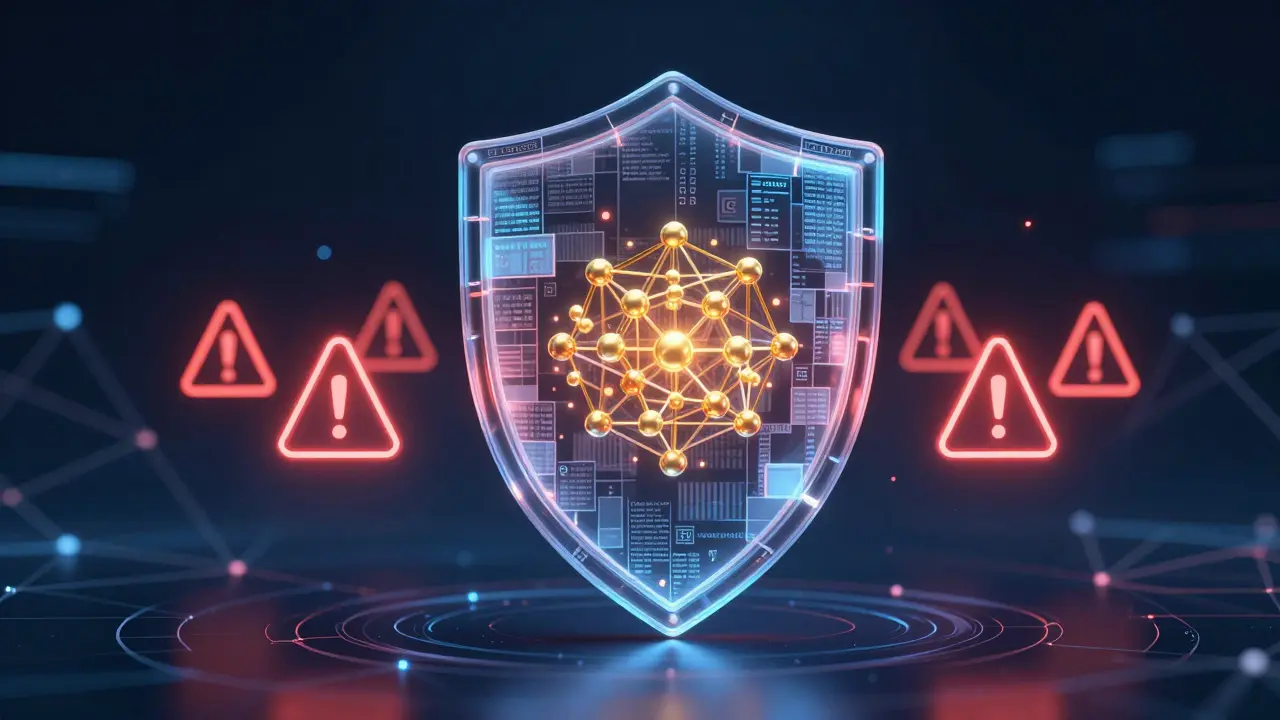Digital shield protecting encrypted data nodes from cyber threats.