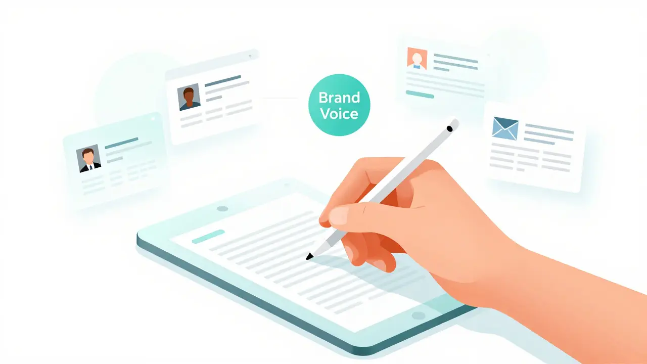 Hand editing content on a tablet with floating social media and blog cards.