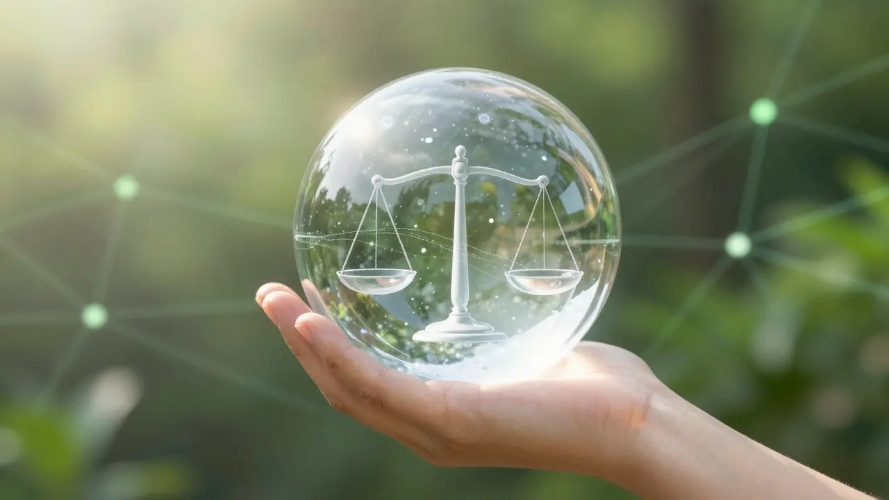 Hands holding a crystal sphere with balanced scales, representing ethical AI