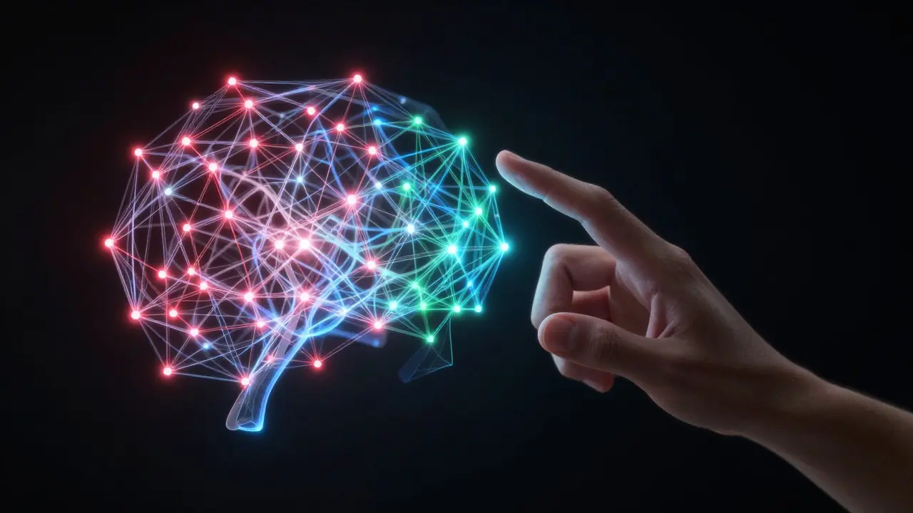 Human hand guiding an AI neural network towards ethical and balanced outcomes.