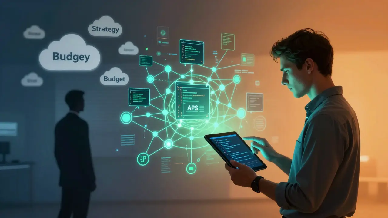 Illustration contrasting abstract management with detailed technical code structures