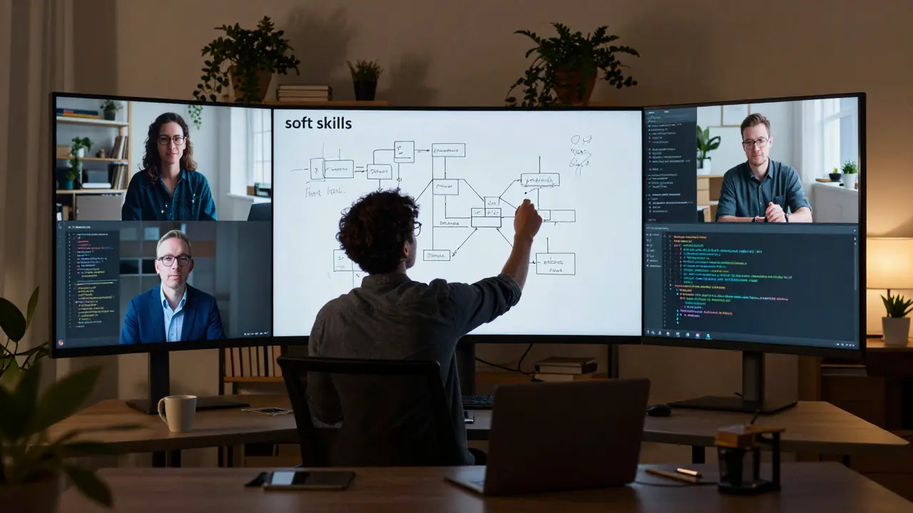 Remote team collaborating via video call and whiteboard