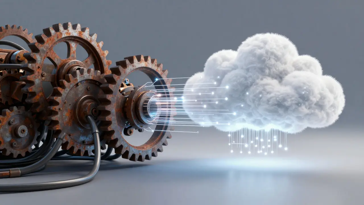 Rusty gears transforming into glowing cloud network strands