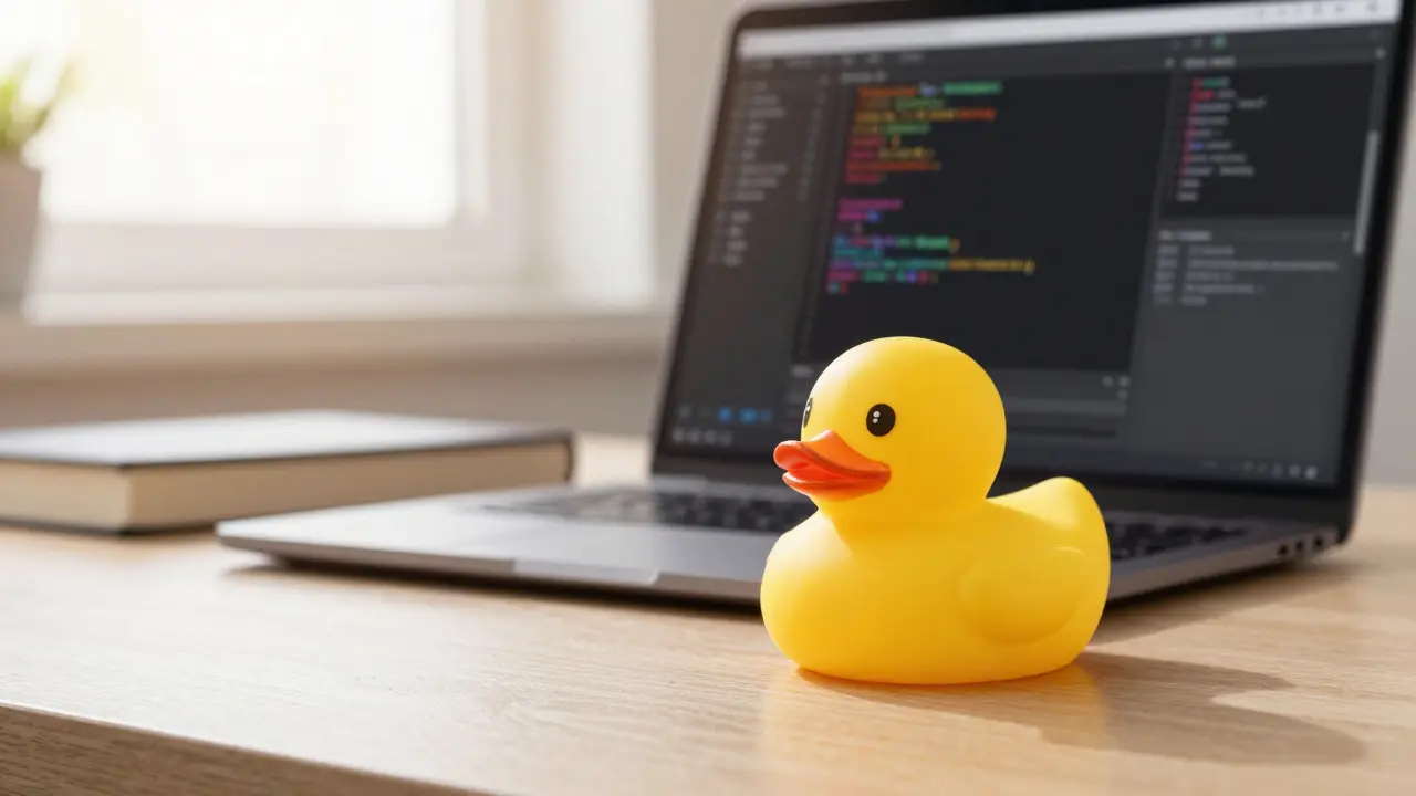 Yellow rubber duck on a desk next to a laptop with code