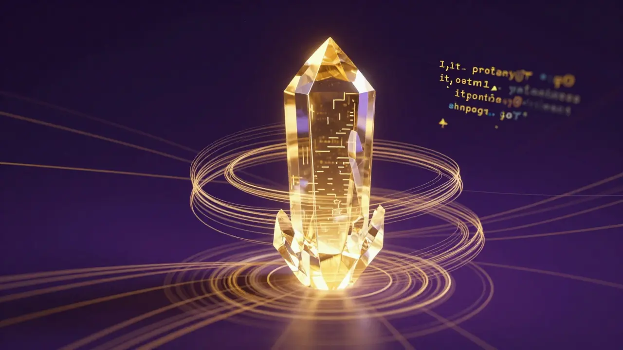 Abstract crystal and threads visualizing PHP JIT and fiber concurrency.